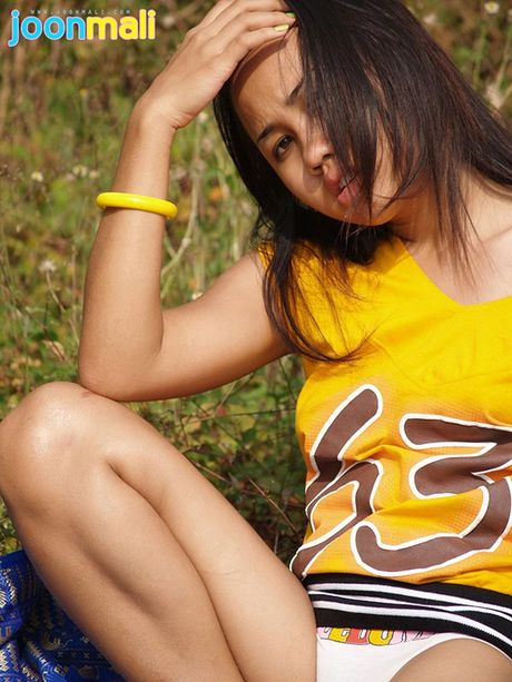 Shy Asian Joon Mali wets white cotton panties at sunset