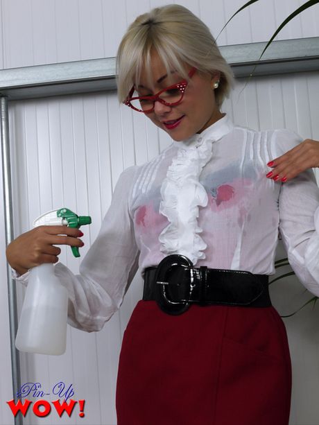 Asian secretary Petra strips at work & shows her amazing racks & ass in stockings