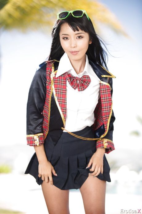 Stunning asian bombshell Marica Hase in uniform outfit bares her ass outdoor